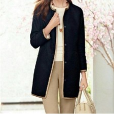 NEW Talbots Black Tweed Longline Blazer Jacket with Camel Tan Trim Size 6P