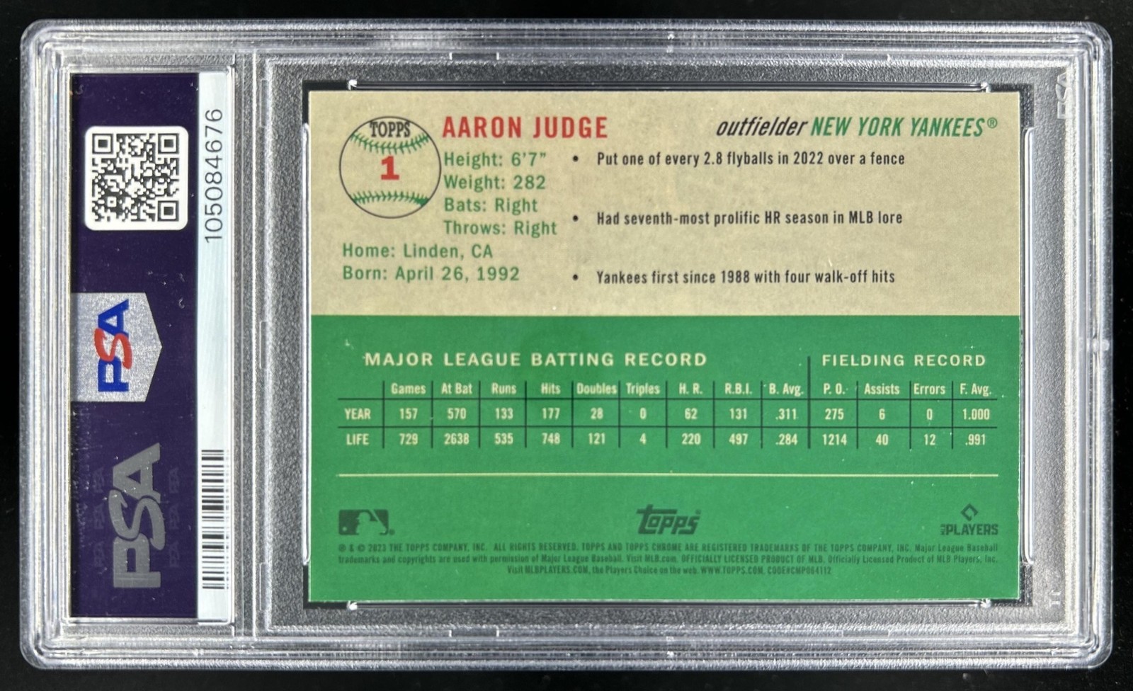 2023 Topps Chrome Platinum Aaron Judge Prism Refractor #1 Yankees PSA 10 view 2