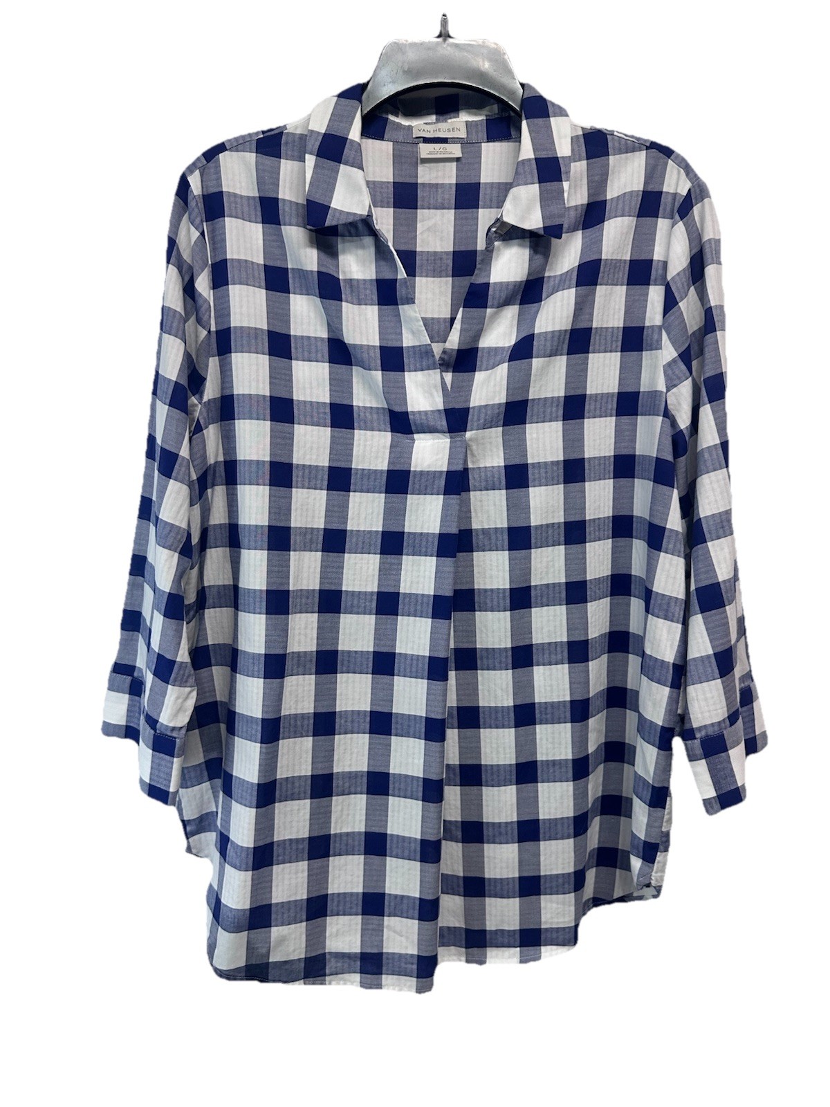 Van Heusen Women’s Blue & White Check Plaid Blouse Tunic Top 100% Cotton L