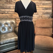 R M Richards Dress Sz 12 Midi Black Embellished Waist V-Neck Flutter Sleeve