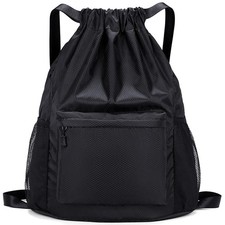 Drawstring Backpack Gym Bag Swim Bag Camp Bags, Black