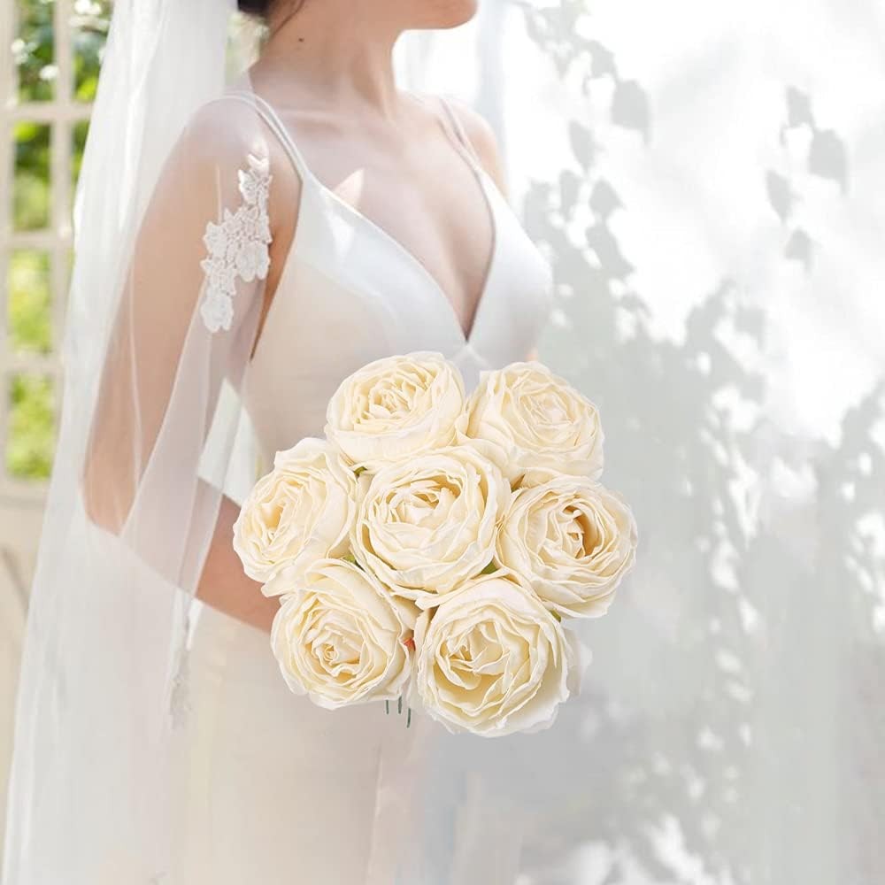 IPOPU White Roses Artificial Flowers Heads Bulk, 25pcs Vintage Off 