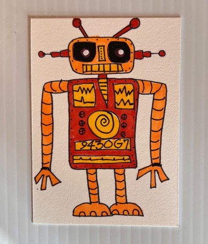 Artist Original ACEO Card by helvismith - Orange Robot with Attitude - Retro Mod