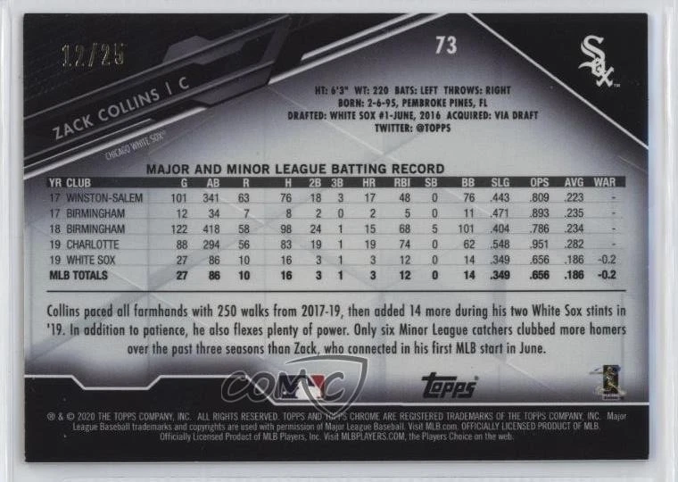 2020 Topps Chrome Black Orange Refractor /25 Zack Collins #73 Rookie RC - Image 2 of 2