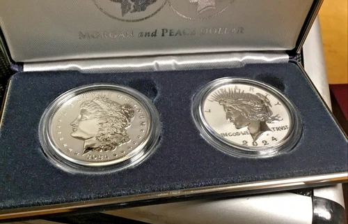 2024 MORGAN AND PEACE DOLLAR, REVERSE PROOF, 2 COIN SET BOX & COA