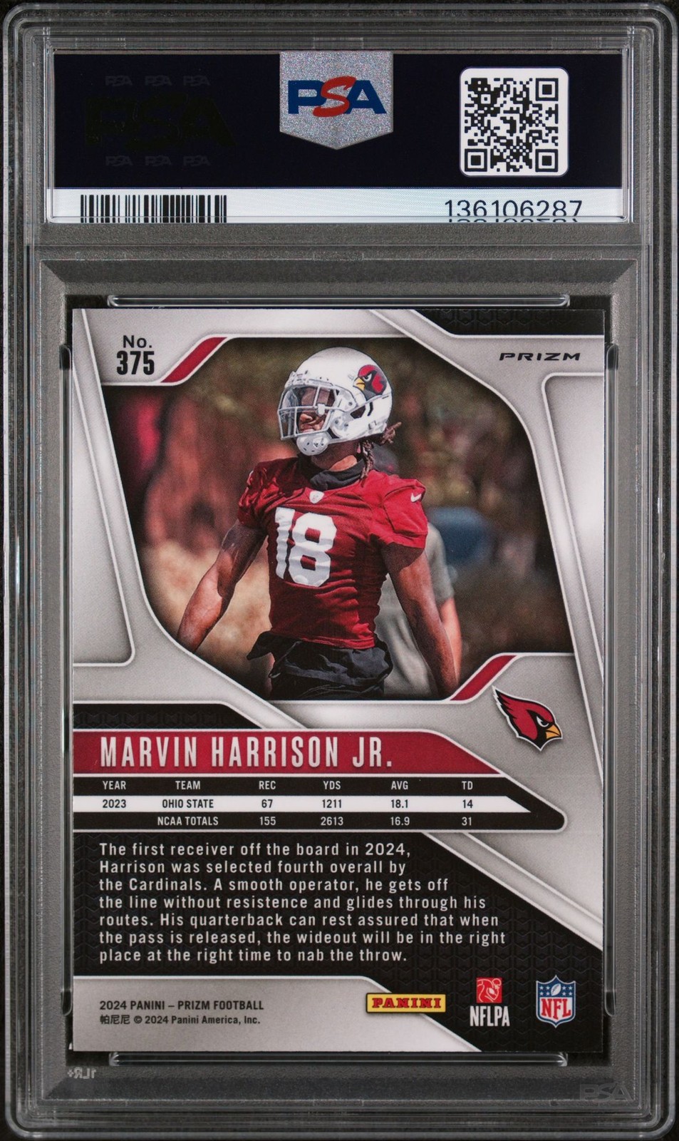 2024 PANINI PRIZM 375 MARVIN HARRISON JR. BLACK & WHITE CHECKER PSA 9 RC view 2