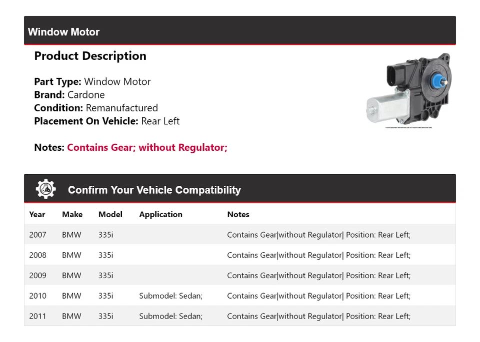 Motor ventana trasero izquierdo cardone bmw 335i 2007-2011 2008 2009 2010 Foto 2 de 4