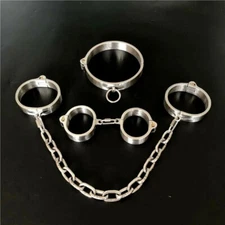 Newest Bondage Heavy Duty Handcuffs Ankle Cuffs Neck Collar Metal Chains Whip