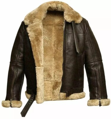 Men's RAF Brown Shearling Jacket Real Aviator Flying Sheepskin B3 Bomber Jacket