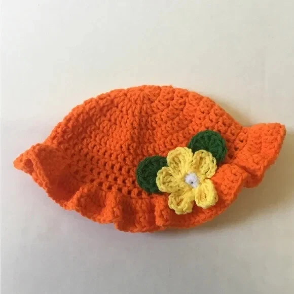 Hand-Crocheted Orange Bucket Hat with Floral Appliqué