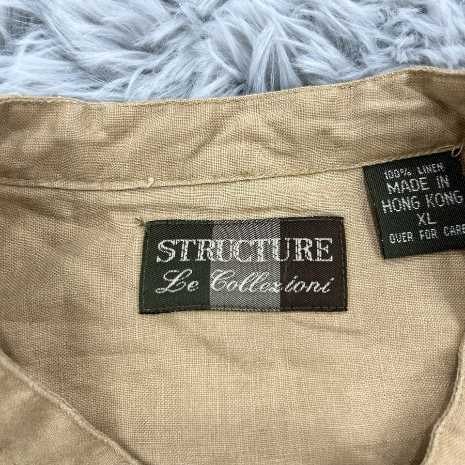 Structure Le Collezioni Shirt Men’s XL Khaki NWOT VTG 90 100% Linen Band Collar - Image 2 of 4
