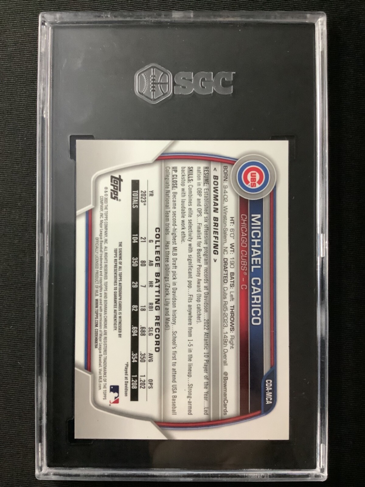 2023 Bowman Draft Baseball Michael Carico Chrome Prospect Auto SGC Dual 10/10 view 2