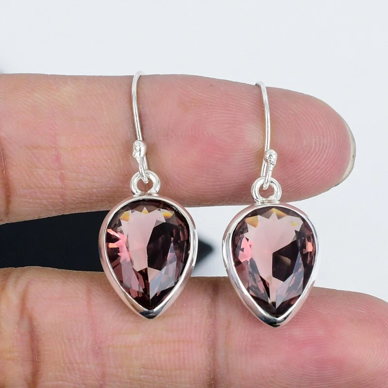 Graziosa Rosa Ametista Gemma Goccia/Pendente Etnico Orecchini 925 Argento - Immagine 2 di 4