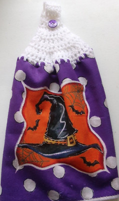 WHITE Yarn Crochet Top  Halloween Witch's Hat  Print Kitchen Towel