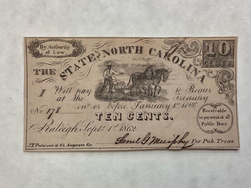 ~1862 State of North Carolina 10 Cents Civil War Confederate Banknote UNC CR 114