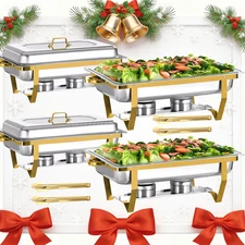 Set of 4 Stainless Steel Chafing Dish Buffet party 9Qt Rectangle Gold w/ clips