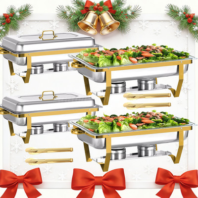 Set of 4 Stainless Steel Chafing Dish Buffet party 9Qt Rectangle Gold w/ clips