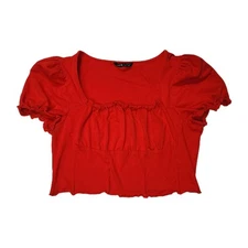 Shein Women Red Pinup Peasant Crop Top Short Puff Sleeves Stretch Sz L US 8/10