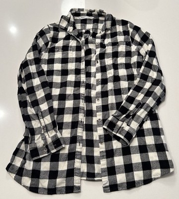 Women s S 90s Grunge Shirt Long Sleeve Flannel Check Plaid Black White Button Up