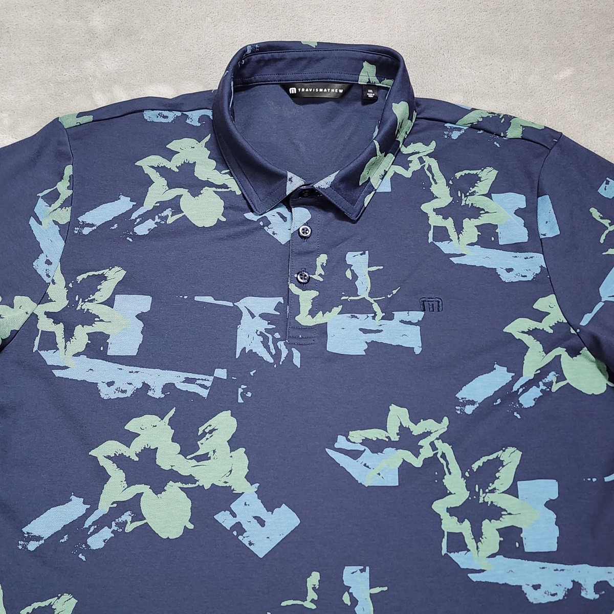 Travis Mathew Polo Shirt Mens 2XL Blue Floral Print Golf