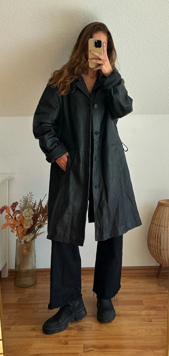 Vintage 90s Black Real Leather Trench Coat Oversize Matrix Bella Hadid Y2K XL