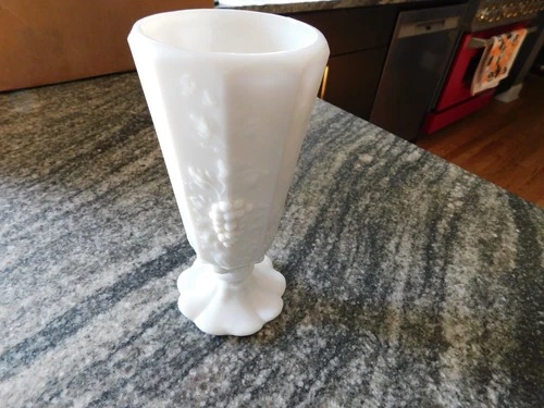 Vintage Westmoreland White Milk Glass Paneled Grape Vase  Marked  6 1/4" Tall