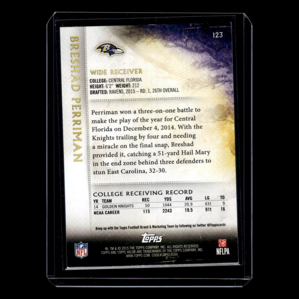 Breshad Perriman Rookie #123 2015 Topps Valor Baltimore Ravens Football Card NFL - Image 2 of 3