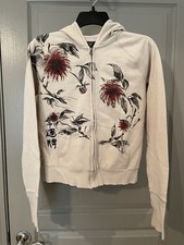 Vintage Lucky Brand White Zip Up Hoodie Womens Small Y2K 2000s Asian Letters