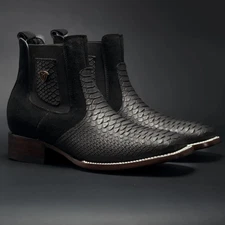 Genuine Leather Exotic Mamba Python Print Square Toe Ankle Western Boots - Black