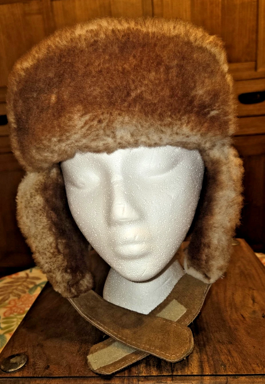 Mr. Bick USA Men L Hat Tan/Brown Suede Leather Aviator Hat/Trapper Sheepskin