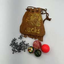 Vintage Leather Bag Jacks & Ball Pick-up Game Metal Indian Chief Logo Kids Toy