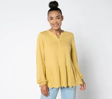 LOGO by Lori Goldstein Women's Top Sz M Split Crewneck Eyelet Yellow A659300