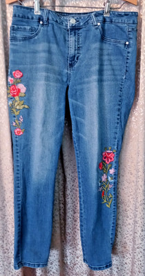 D. Jeans Women's BoHo Blue Embroidered Floral Stretch Denim Jeans Size 12