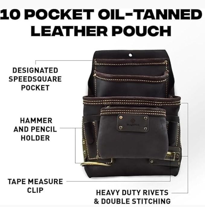 Heavy- Duty Leather Tool Bag for Drywall Contractors, Oil-Tanned Belt Pouches