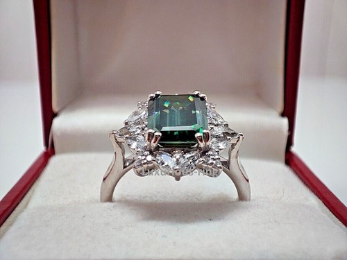 925 Silver Gorgeous Vintage Ring, 3.80 Ct Emerald Cut Blue Green Moissanite Ring - Picture 3 of 14