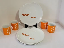 Vtg MCM Luncheon Snack Plate Set JONAS ROBERTS Orange Atomic Grid Japan-Set of 4