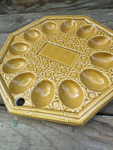 Harvest Gold Octagon Shaped Ceramic Deviled Egg Plate Celebration MCM Vintage - Picture 4 of 7