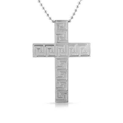 Stainless Steel Greek Key Silver Thick Block Cross Pendant