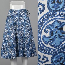 S 1960s Blue Print Wrap Skirt Lightweight Casual Separates Pockets Summer 60s