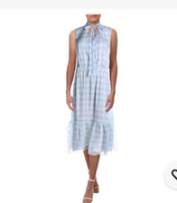 Lauren Ralph Lauren Dress Kandilla Plaid Gingham Blue Check Tie-Neck Midi Size 2