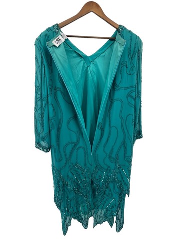 Vtg Nite Line Evening Dress Womens size 14 Aqua Silk Beaded Sequin Tiered Shift - Picture 6 of 12