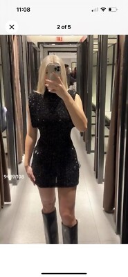 ZARA FW23 SHOULDER PADS SEQUIN DRESS L ZW COLLECTION BLACK | 9489