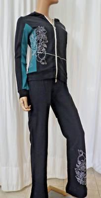 NWT BCBG sz MED (Bust38) 95% cotton TEAL BLACK COLORBLOCK  STUDS 2 PC TRACKSUIT
