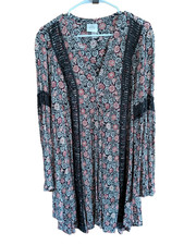 Knox Rose Boho Dress Womens L Black Floral Flowy Bell Sleeves Crochet Fairy