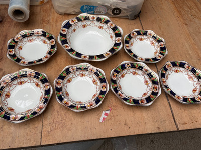 Carlisle Ware Burgess Bros Imari Servierschale & 6 Schalen Bone China Art Deco