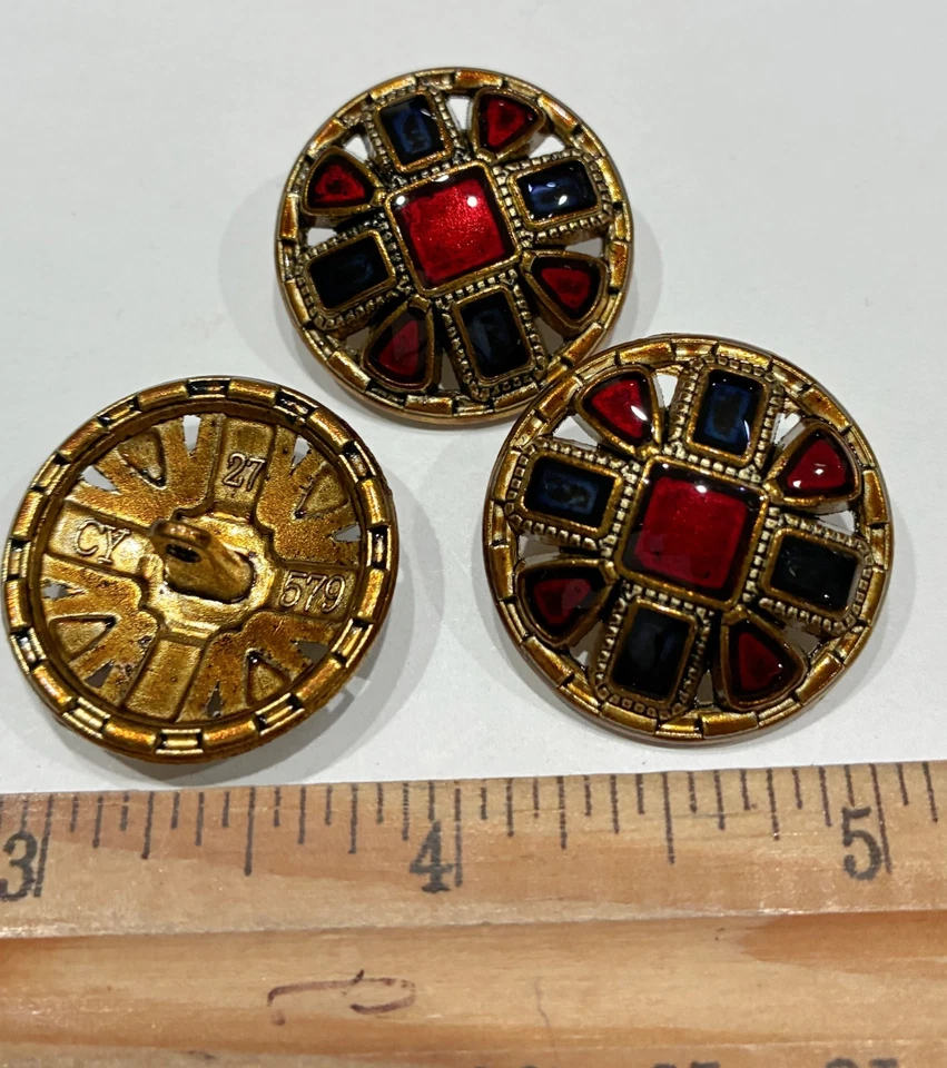 5PC Antiqued Bronze Red Large Decorative Shank Metal Button 28mm 1-1/8 Inch - Image 3 of 3