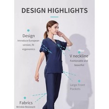 Blue Medical Scrubs Matching Shirt Pants Set Blue Scrubs Comfort Fit Pockets