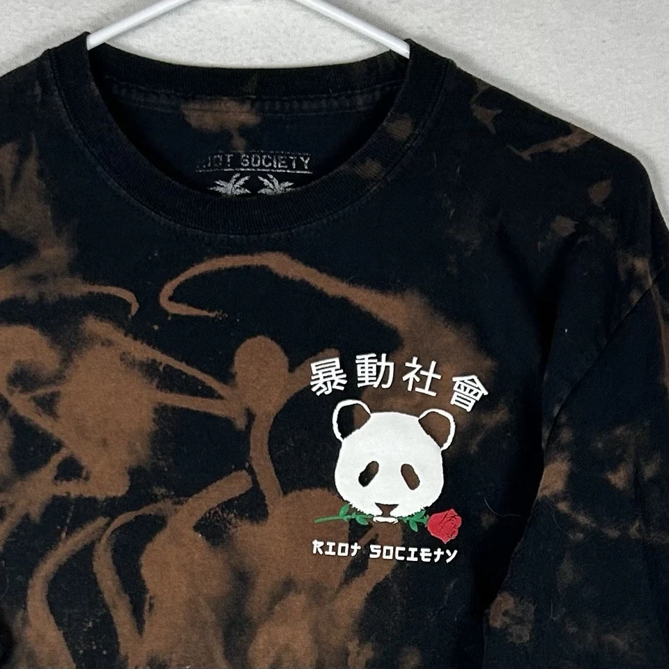 Riot Society 长袖 T 恤男式中号熊猫玫瑰染料黑色棕色 T 恤 — 第 2/4 张图片