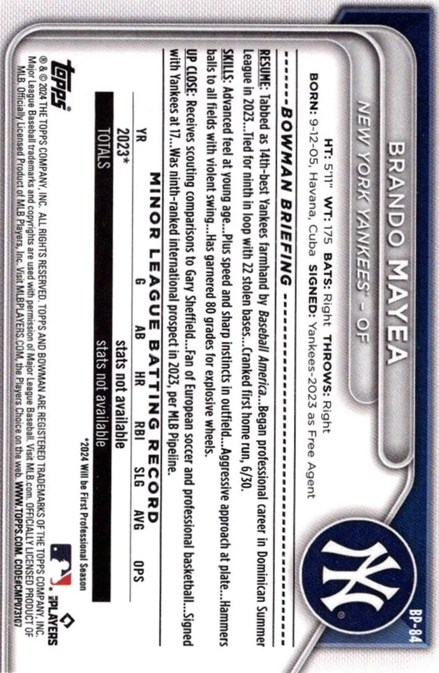 2024 Bowman Prospects Brando Mayea New York Yankees #BP-84 - Image 2 of 2
