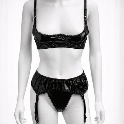 Damen Schwarz PVC 3-teiliges Dessous Set 1/4 Schalen BH, Strapsgürtel & G-String